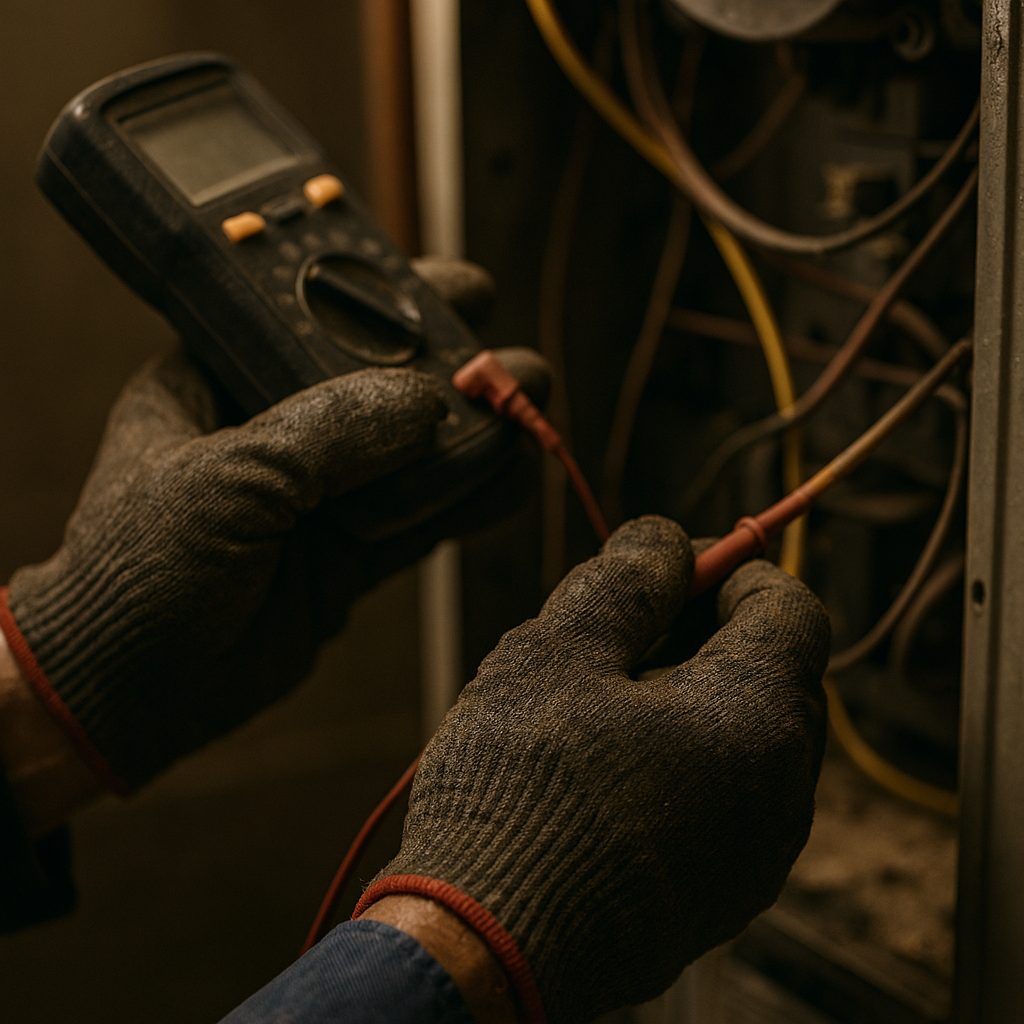 Technician using a multimeter for precise HVAC diagnostics