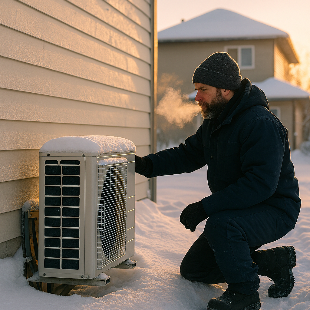 Technician inspecting a commercial HVAC rooftop unit in winter