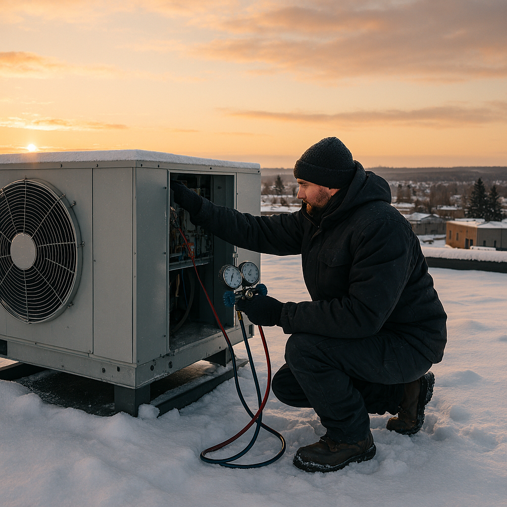 Technician servicing HVAC equipment during a northern winter