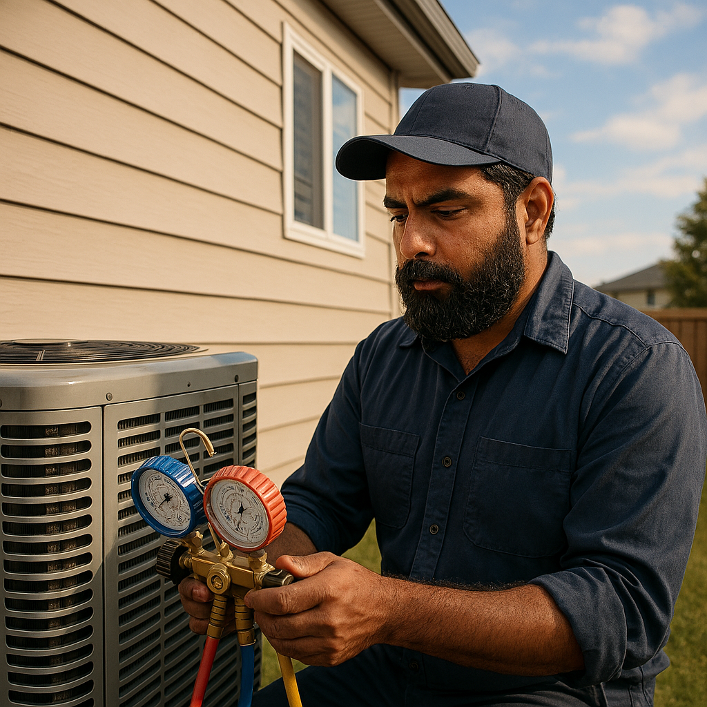 Technician inspecting an air conditioning unit during a Peace Region summer