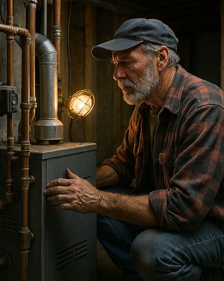 Northland HVAC technician inspecting a boiler and copper piping in a northern basement